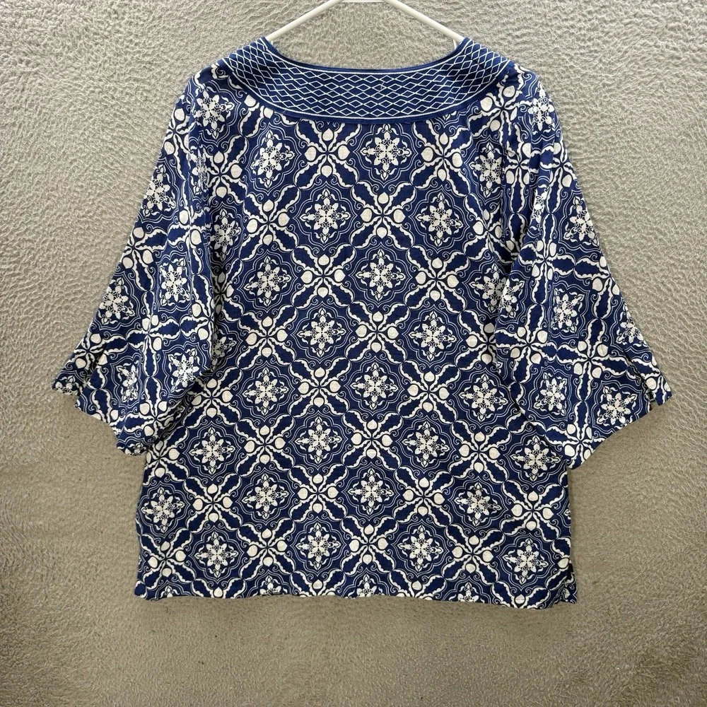Tweeds Shirt‎ Womens 1X Blue White Geometric Embroidered Linen Blend Coastal